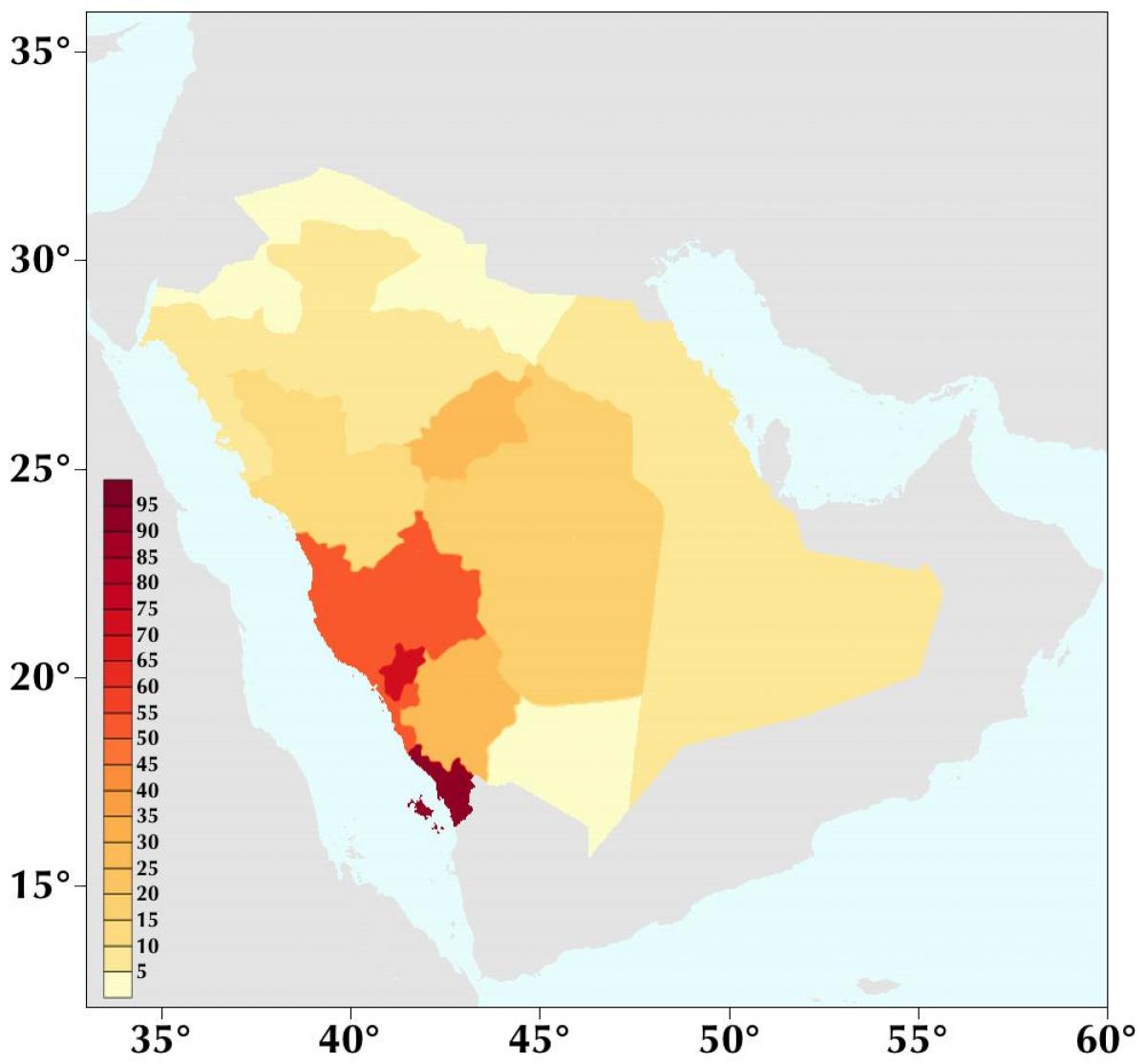 المناطق التي تنخفض فيها الكثافة السكانية في السعودية