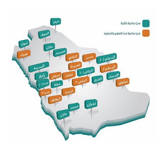خريطة المدن الصناعية في المملكة العربية السعودية بالتفصيل