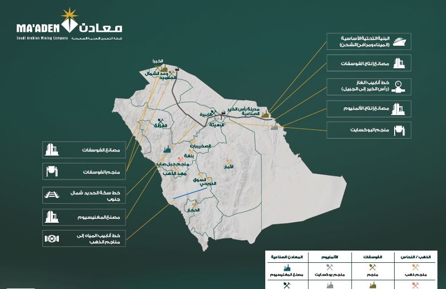 خريطة توزع الثروة المعدنية في المملكة العربية السعودية