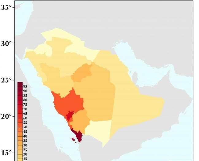 خريطة توزيع الكثافة السكانية في المملكة العربية السعودية