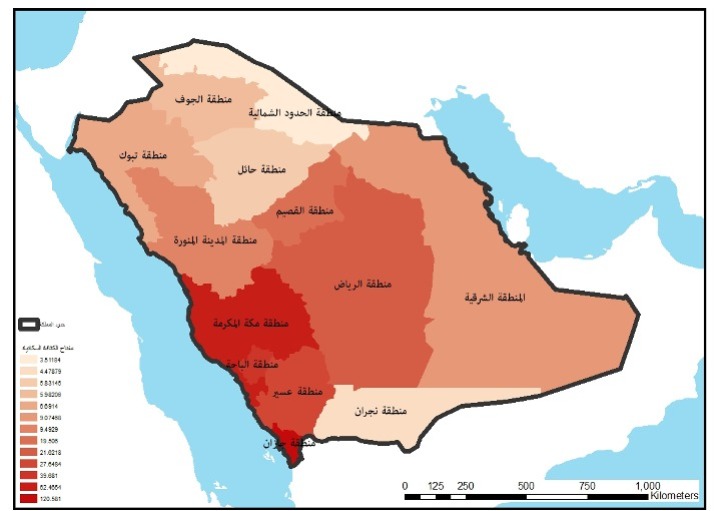 خريطة توزيع الكثافة السكانية في المملكة العربية السعودية