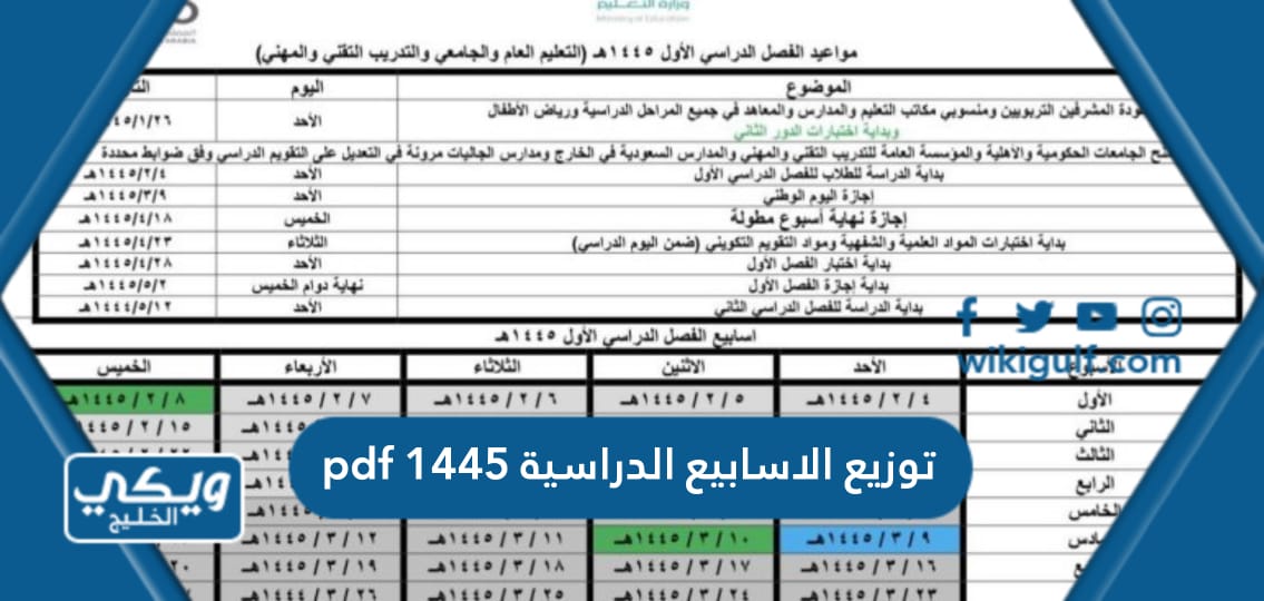 توزيع الاسابيع الدراسية 1445 في السعودية pdf